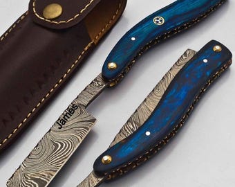 Personalized Damascus Folding Pocket Custom Blade Straight Razor very sharp with leather sheath