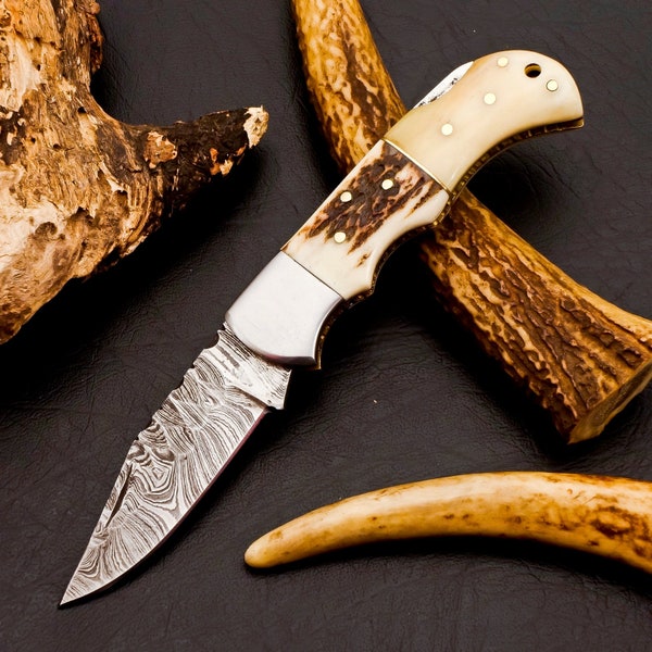 Custom Hand Forged Damascus knife Stag Antler and Camle Bone handle with Leather Cover Camping Hunting Folding Knife, Groomsman Gift