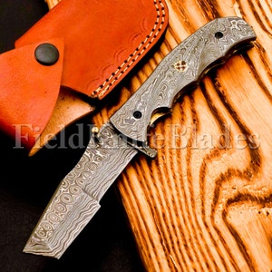 Custom Hand Forged Damascus with Damascus handle with Leather Cover Camping Hunting Folding Knife Liner lock