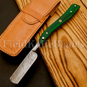 Personalized Damascus Folding Pocket Custom Blade Straight Razor very sharp with leather sheath