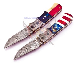 Personalized Set of 2 American Flag Damascus Folding Knife, USA Patriotic Knife, Gift For Policeman, Groomsmen gifts-Police Gift for Him