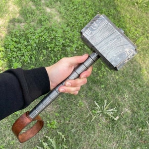 Personalized 13" Damascus Steel 15 Pound Real THOR Hammer Hand Forged Damascus Steel with leather sheath