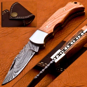 Custom Hand Forged Damascus knife Olive Wood handle with Leather Cover Camping Hunting Folding Knife Back lock