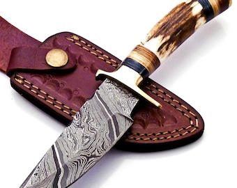 Personalized 6.5-inch Damascus Steel Hunting knife Handle Deer Antler W leather Cover Handle Clip shape could be different than in the Pics