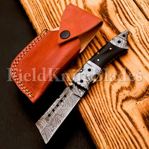 Custom Hand Forged Damascus Tonto knife with Leather Cover Camping Hunting Folding Knife Liner lock Hunting knife