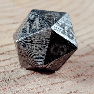 May include: A silver-coloured, 20-sided die with a textured, patterned surface. The die is numbered 1 through 20.