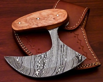 Personalized Damascus Chef Kitchen Ulu Knife Chef Knife Heavy Duty Damascus Handle Koa Wood Gift for Her/him with Leather Sheath