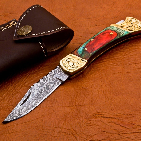 Custom Hand Forged Damascus knife Olive Wood handle with Leather Cover Camping Hunting Folding Knife Back lock