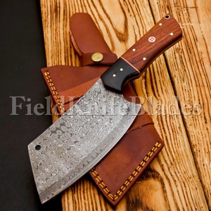 Personalized Damascus Steel Chef Kitchen Cleaver Knife Chef Knife Heavy Duty Handle Rose Wood with Leather Sheath