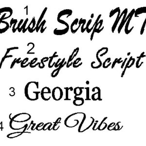 Może przedstawiać: Cztery r&oacute;żne style czcionek pokazane są w czarnym tekście na białym tle. Czcionki są oznaczone od 1 do 4. Czcionki to "Brush Script MT", "Freestyle Script", "Georgia" i "Great Vibes".
