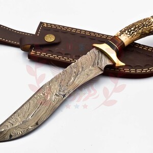 Puede incluir: Un cuchillo de caza con una funda de cuero marr&oacute;n. El cuchillo tiene una hoja de acero damasco y un mango de asta de ciervo con una virola de lat&oacute;n.