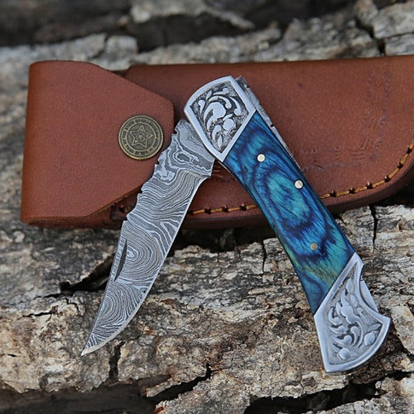 Handmade Damascus Steel Pocket Knife Blue Wood Handle Groomsmen Gift Folding Knife Birthday Gift For Husband Gift For Dad Son