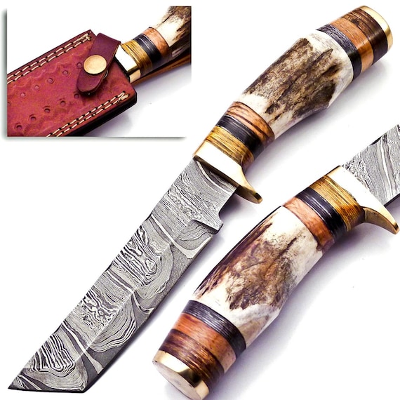 Personalized 8 inch Damascus Steel Hunting knife Handle Deer Antler W leather Cover Handle Clip shape could be different than in the Pics