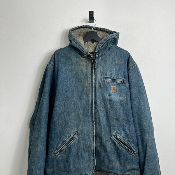 Carhartt Active Sherpa Jacket XL blue Denim Hooded Workwear Coat