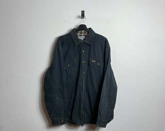 Carhartt Denim Shirt Jacket XL black Shacket distressed workwear thick an tartan lined