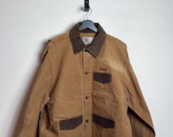 Chaqueta Carhartt CU016 Barn Jacket vintage de 1985, talla L (50), color marrón, fabricada en EE. UU., tipo chaqueta de trabajo corta.