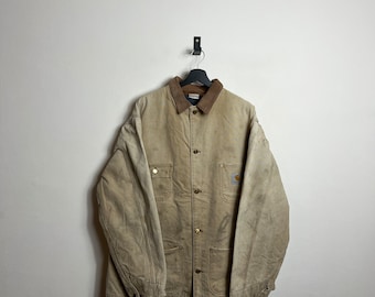 Vintage Carhartt Chore Jacket XXL beige duck brown distressed denim workwear 90s skate