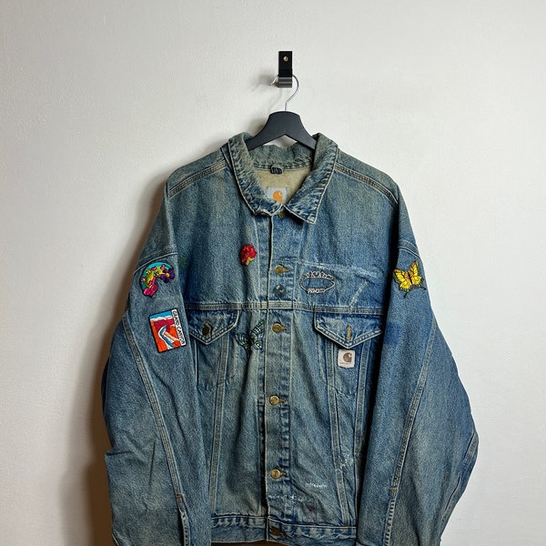 Vintage Carhartt Jean Chaqueta XL azul desgastado 90s parches ropa de trabajo de mezclilla