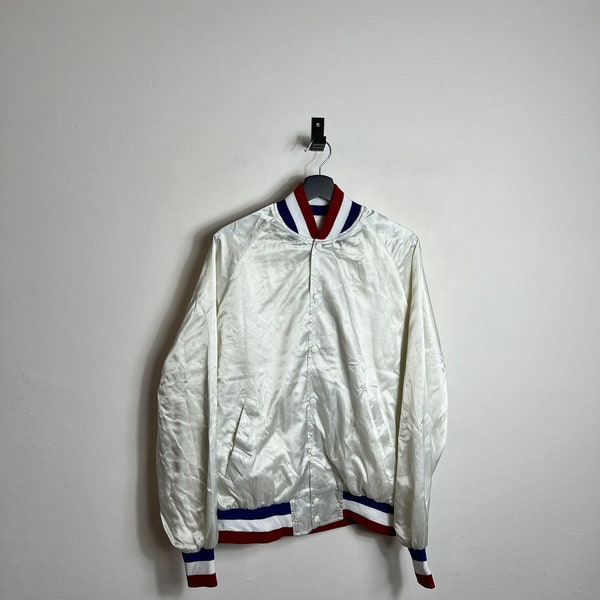 80s Satin Baseball Jacket M white College Varsity