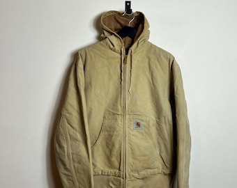 Vintage Carhartt Active Jacket M L beige distressed Denim Hooded Bomber 90s Gemaakt in de VS