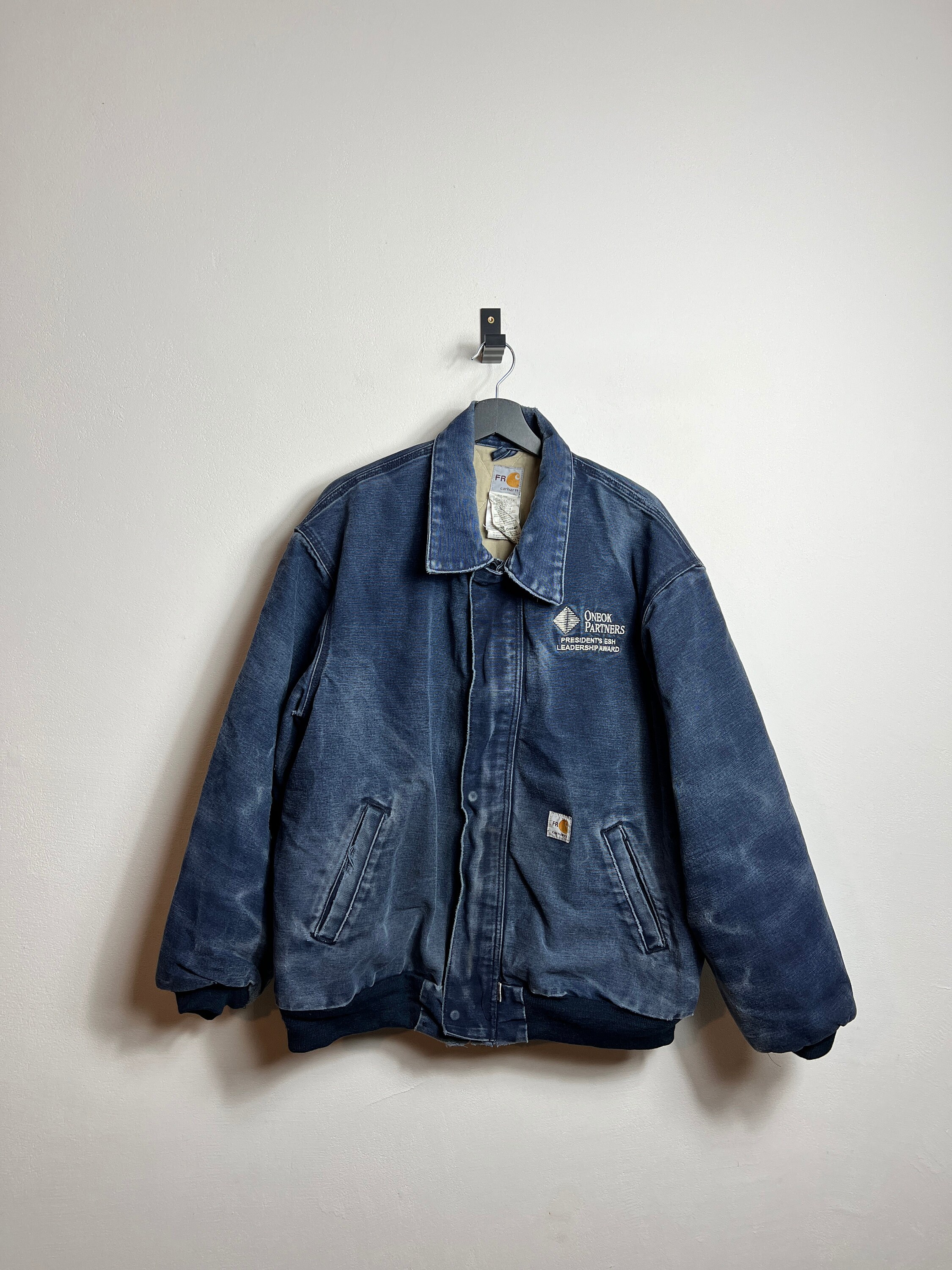 Vintage Carhartt FR Workjacket L Blue Denim Winter Zip is Broken