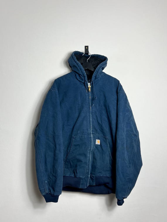 Carhartt Active Jacket XL Navy Blue Hooded Denim Workwear Bomber