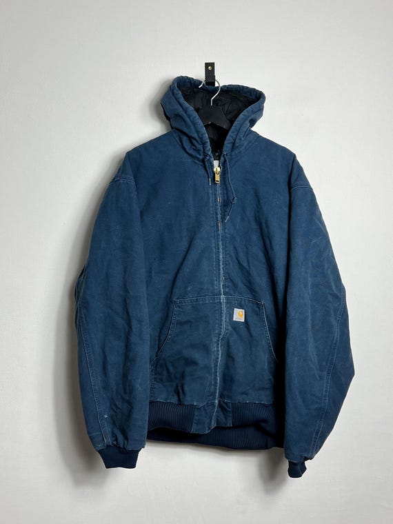 Carhartt Active Jacket XL Navy Blue Hooded Denim Workwear Bomber