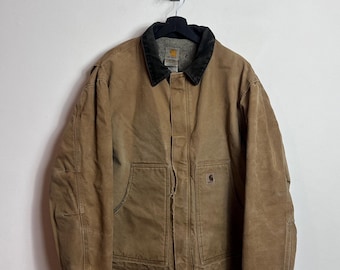 Vintage Carhartt Arcan Jacket XL, bruin, distressed denim, Detroit, met Sherpa-voering.