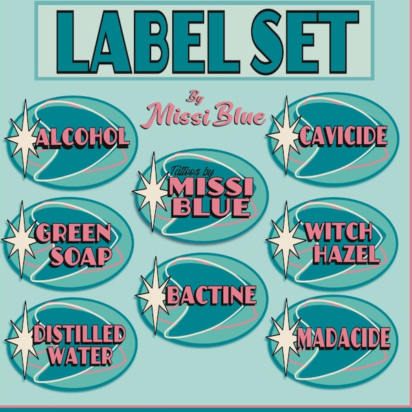 Individual retro vintage inspired 50’s style Tattoo artist squeeze or spray bottle sticker labels