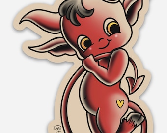 May include: A red cartoon devil with horns, a tail, and a heart on its backside. The devil is smiling and holding its tail. The image is in a vintage style and has a light brown background. The text "@tattoosbymissblue" is at the bottom of the image.