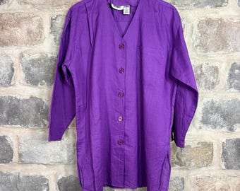 VTG Gitano Purple Button Up Tunic Top Women's Medium Long Sleeve Lagenlook 90s