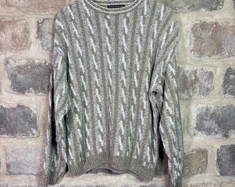 VTG Liberty Sweaters Men's Large Cable Knit Pullover Crewneck Olive Green USA