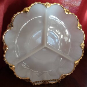Vintage Milk glass relish dish with gold trim