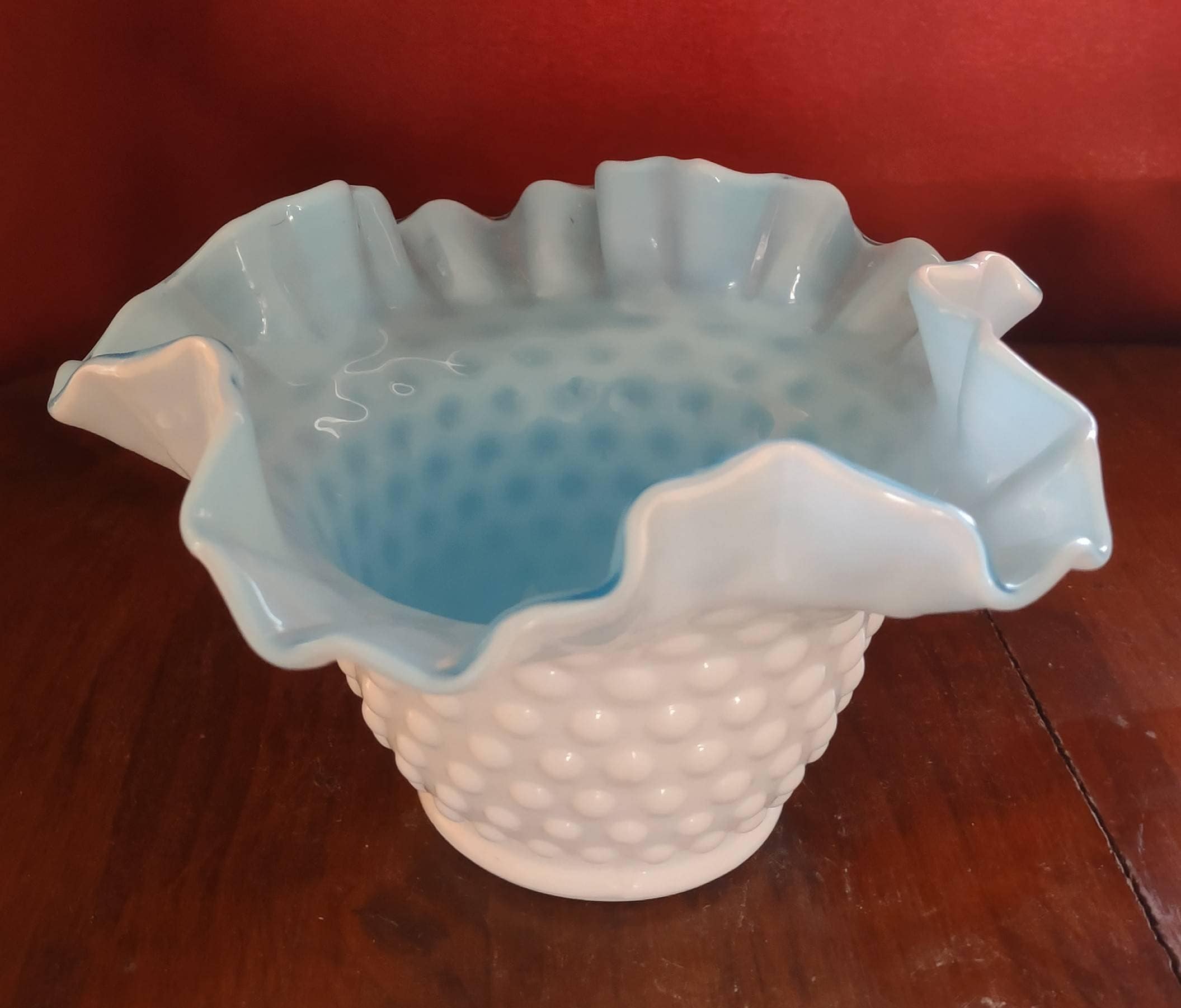 Vintage Milk Glass Ruffled Candy Dish With Blue Overlay Etsy