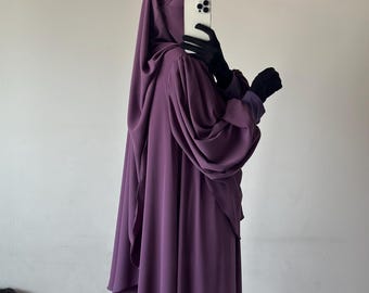 Conjunto de Abaya con Hijab y Khimar / Falda suelta extra ancha con mangas abullonadas / Ligero y transpirable para verano / Regalo de cumpleaños para Ramadán, Eid y Nikah / ALHISHMA