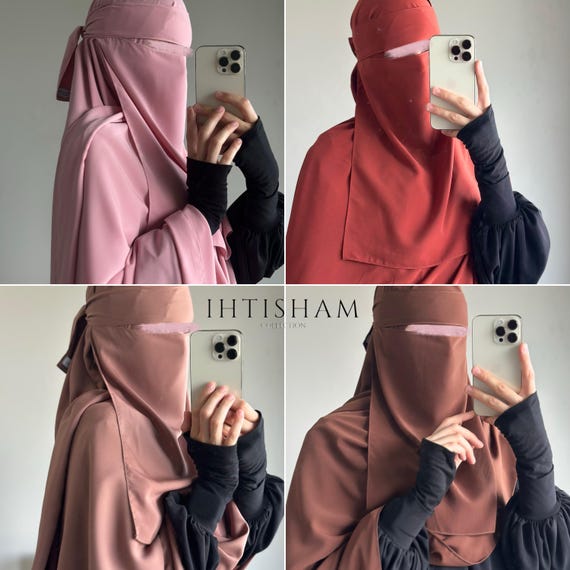 1 Layer Niqab - Islamic Face Veil For Her Gift Nikah Grey Beige Black Cream White Blue Breathable Lightweight Madina Silk Crepe
