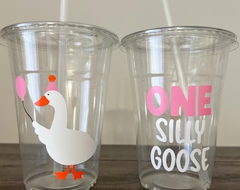 Silly Goose Party Cups, One Silly Goose, Pink Silly Goose, First Birthday, 16oz Plastic Drinkware with Straw