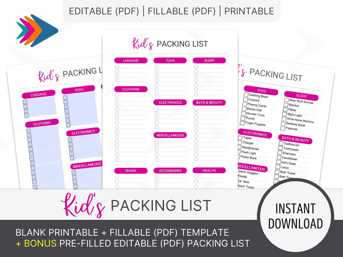 Kids Packing List, Digital Planners, Packing List Template, Travel ...