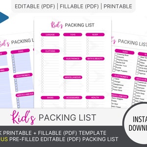 Kids Packing List, Digital Planners, Packing List Template, Travel ...