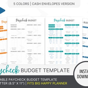 Paycheck Budget Template, Cash Envelopes System, Budget Binder, Zero-Based Budget, Paycheck to Paycheck Finance Planner, Printable, 5 Colors