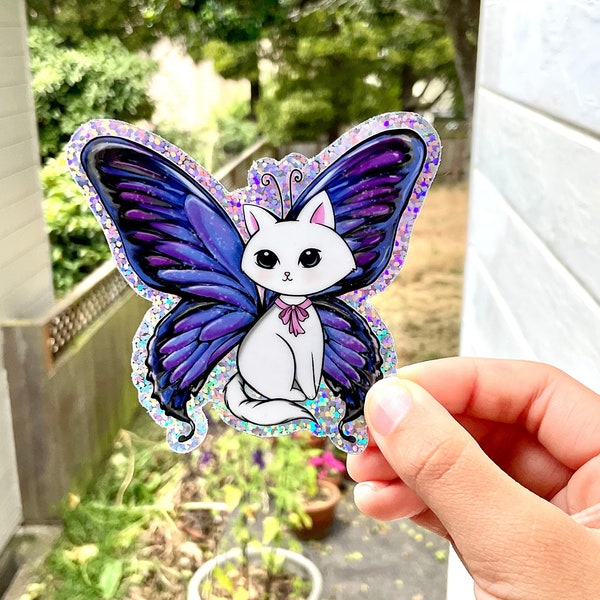 Butterfly Cat Weatherproof Glitter Sticker Decal