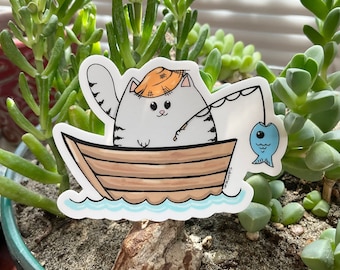 Cute Fat Cat Fishing/ Fish Sticker, Fish Decal, Fishing Sticker, Fishing, Vinyl Decal, MacBook Decal, Water Bottle Sticker