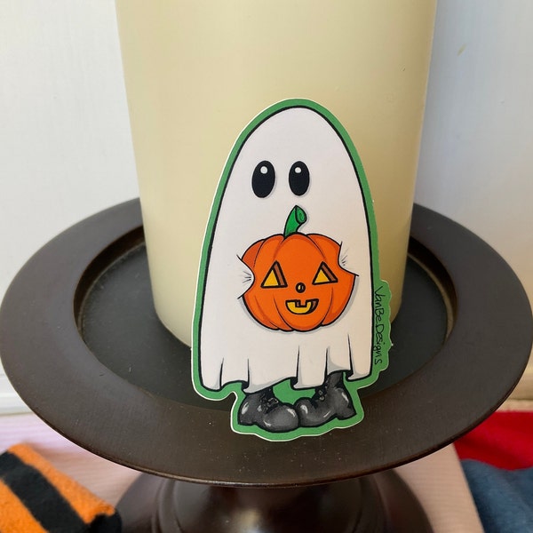 Kid in ghost costume holding a pumpkin, Halloween, vinyl sticker, combat boots, waterproof vinyl decal