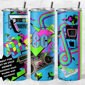 80&#39;s Retro Tumbler/Old School Theme Tumbler 20 ounce/ READY TO SHIP stainless steel/insulated/with slide top lid and reusable straws