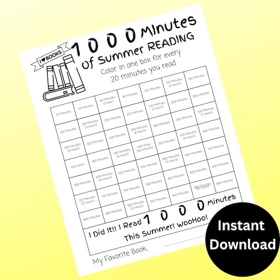 1000 Minutes Of Reading, Kids Reading Log, Instant Download, Summer Reading Tracker, Printable Reading Log, Reading Time Tracker, Printables