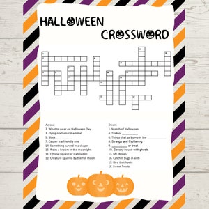 May include: A black and white Halloween crossword puzzle with a grid of 18 squares. The puzzle has 18 clues, with 12 across and 6 down. The clues are related to Halloween, such as "What to wear on Halloween Day", "Flying nocturnal mammal", "Trick or Treat", and "Spooky house with ghosts".