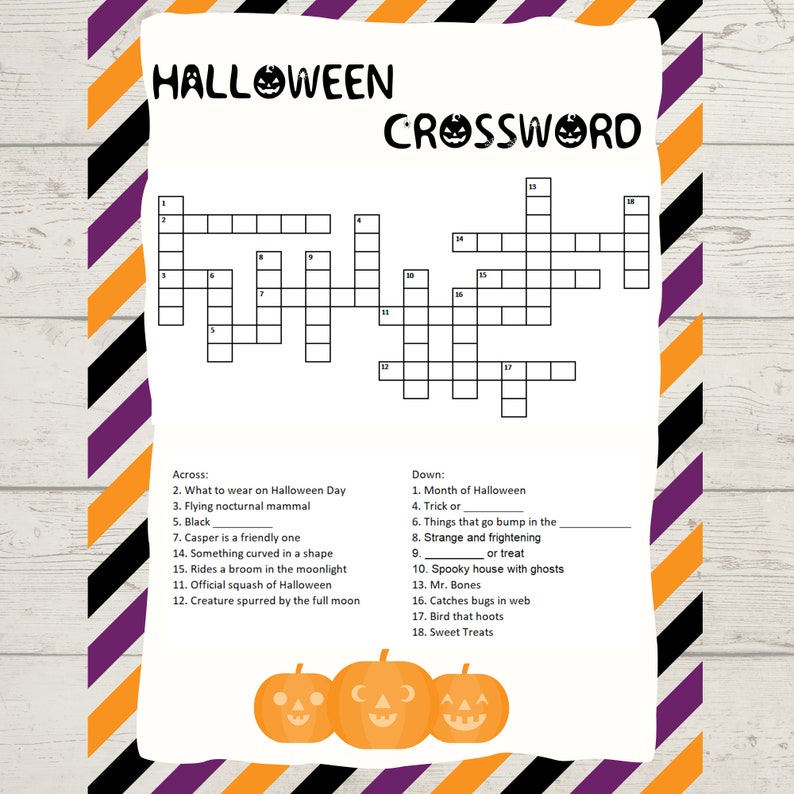 May include: A black and white Halloween crossword puzzle with a grid of 18 squares. The puzzle has 18 clues, with 12 across and 6 down. The clues are related to Halloween, such as "What to wear on Halloween Day", "Flying nocturnal mammal", "Trick or Treat", and "Spooky house with ghosts".