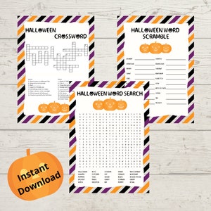 May include: Three printable Halloween activity sheets with orange, black, and purple stripes. The first sheet is a crossword puzzle with the title "Halloween Crossword". The second sheet is a word scramble with the title "Halloween Word Scramble". The third sheet is a word search with the title "Halloween Word Search". All three sheets feature a cartoon image of three pumpkins.