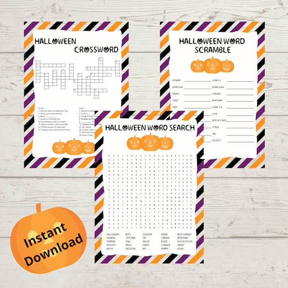 Hallween Digital Dowload, Halloween Word Search, Halloween Crossword, Halloween Word Scramble, Instant Download, Halloween Activity Bundle