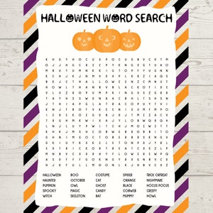 May include: A Halloween-themed word search puzzle with a black and white grid on a white background. The grid contains the words: Halloween, haunted, pumpkin, spooky, witch, boo, October, owl, magic, skeleton, costume, cat, ghost, candy, bat, spider, orange, black, cobweb, mummy, trick or treat, nightmare, hocus pocus, creepy, howl.